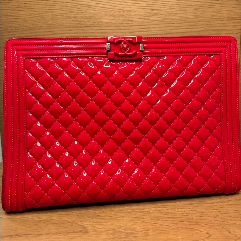 CHANEL Red BOY PATENT LEATHER TOTE